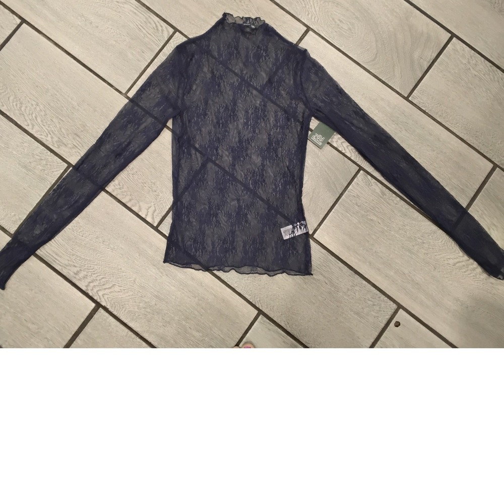 Wild Fable Navy Blue Sheer Floral Lace Mock Neck Long Sleeve Top XXS NWT
